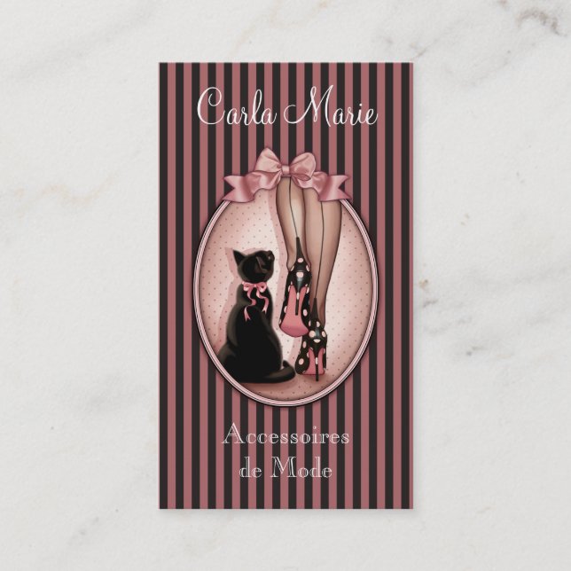 Young, elegant woman and black cat business card (Front)