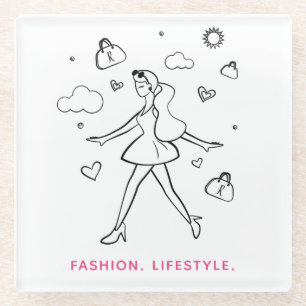 Young Fashion Girl - Sketched Art in Black & White Glass Coaster
