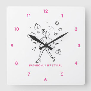 Young Fashion Girl - Sketched Art in Black & White Square Wall Clock