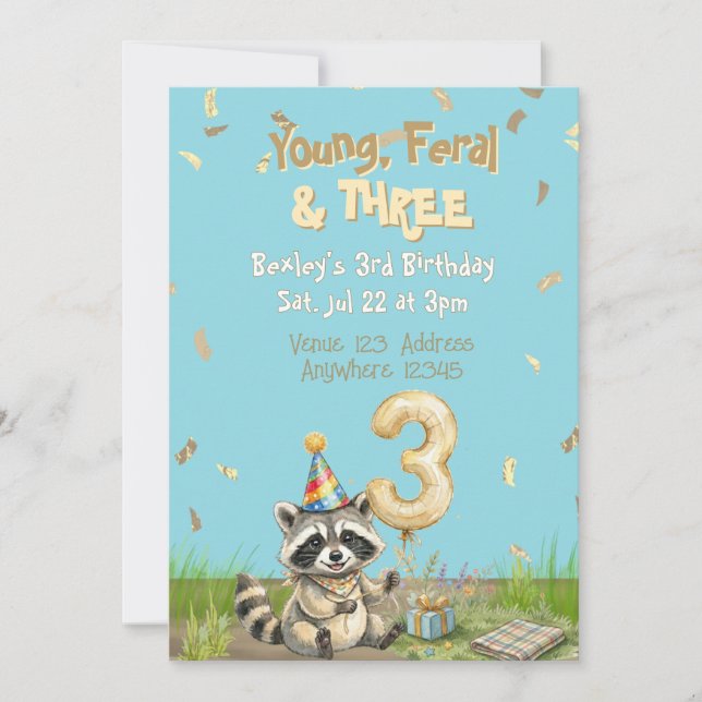Young Feral & Three, Gold, Racoon 3rd Birthday Invitation (Front)