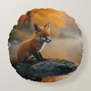Young Fox in Autumn Round Cushion