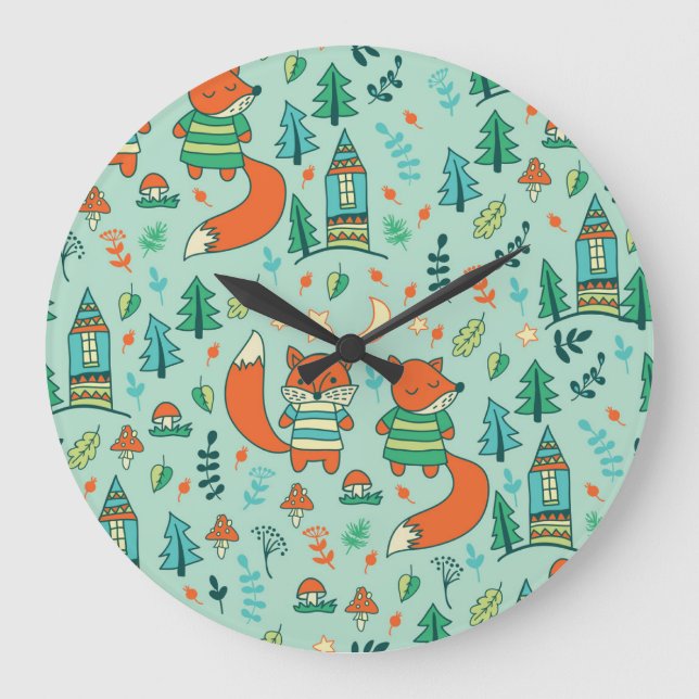 Young Foxes: Children's Seamless Pattern. Large Clock (Front)