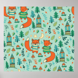Young Foxes: Children's Seamless Pattern. Poster