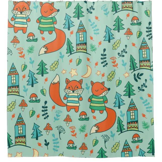 Young Foxes: Children's Seamless Pattern. Shower Curtain (Front)