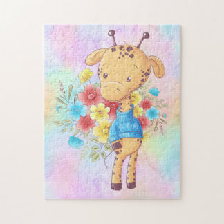 Young Giraffe in a Blue Sweater with Flowers  Jigsaw Puzzle