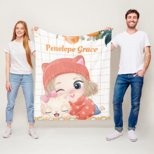 Young Girl and Cat Orange Roses + Custom Name Fleece Blanket