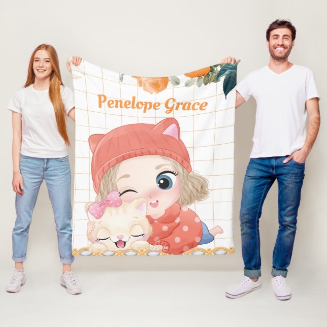 Young Girl and Cat Orange Roses + Custom Name Fleece Blanket (In Situ)