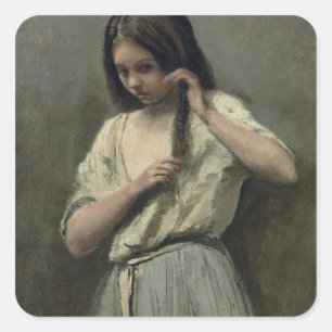 Young Girl at her Toilet Square Sticker
