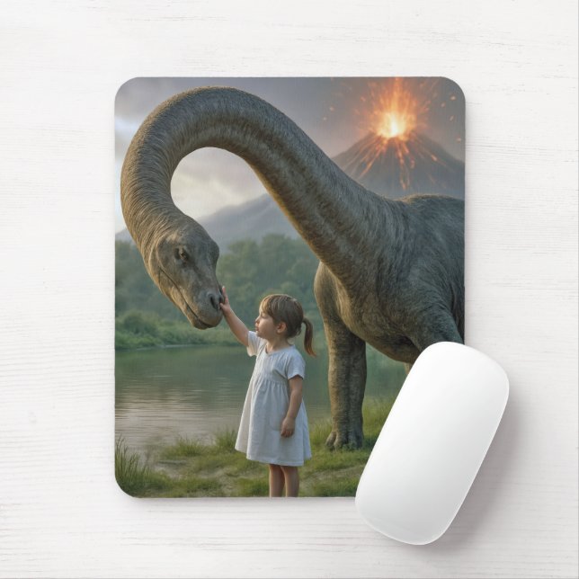 Young Girl Befriending a Dinosaur  Mouse Mat (With Mouse)