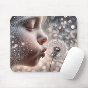 Young Girl Blowing Dandelion Seedlings Mouse Mat