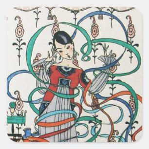 YOUNG GIRL,COLORFUL RIBBON SWIRLS,CUPID Birthday Square Sticker