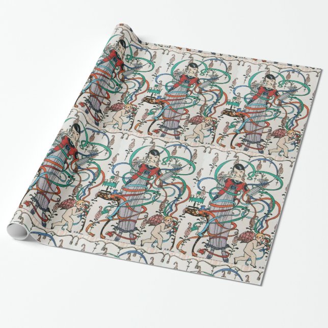 YOUNG GIRL,COLORFUL RIBBON SWIRLS,CUPID Birthday Wrapping Paper (Unrolled)