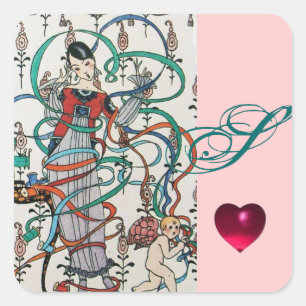 YOUNG GIRL ,COLORFUL RIBBON SWIRLS, CUPID MONOGRAM SQUARE STICKER