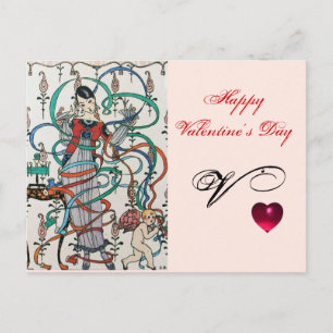YOUNG GIRL,COLORFUL RIBBON SWIRLS,CUPID Valentine Holiday Postcard