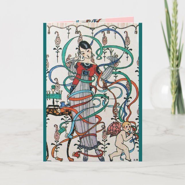 YOUNG GIRL,COLORFUL RIBBONS,SWIRLS,CUPID Valentine Holiday Card (Front)