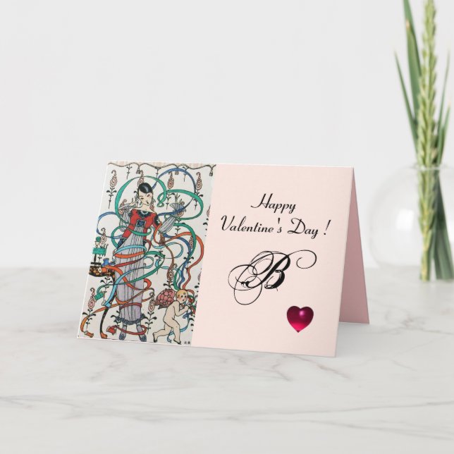 YOUNG GIRL,COLORFUL RIBBONS,SWIRLS,CUPID Valentine Holiday Card (Front)