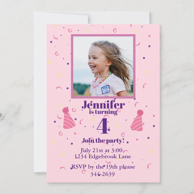 Young Girl confetti on pink Birthday Party Invitation (Front)