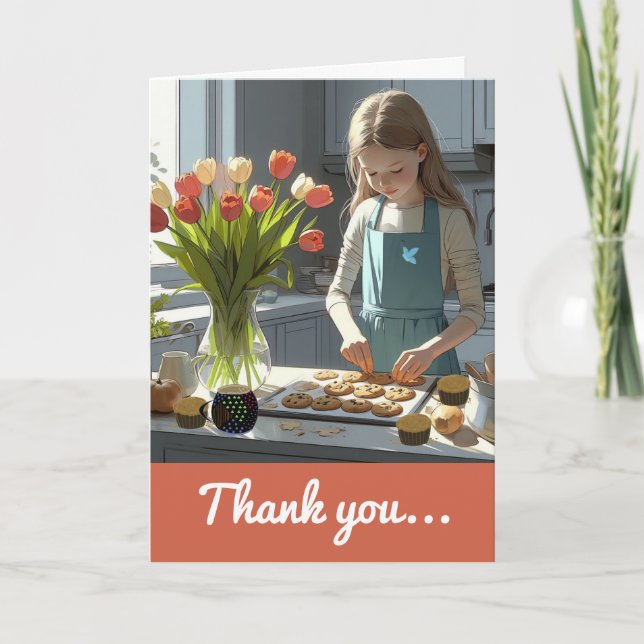 Young Girl Cookie Baker Thank You Card (Front)