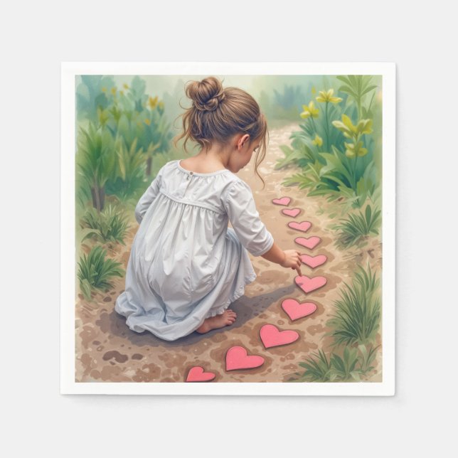 Young Girl Creating a Heart Pathway Napkin (Front)