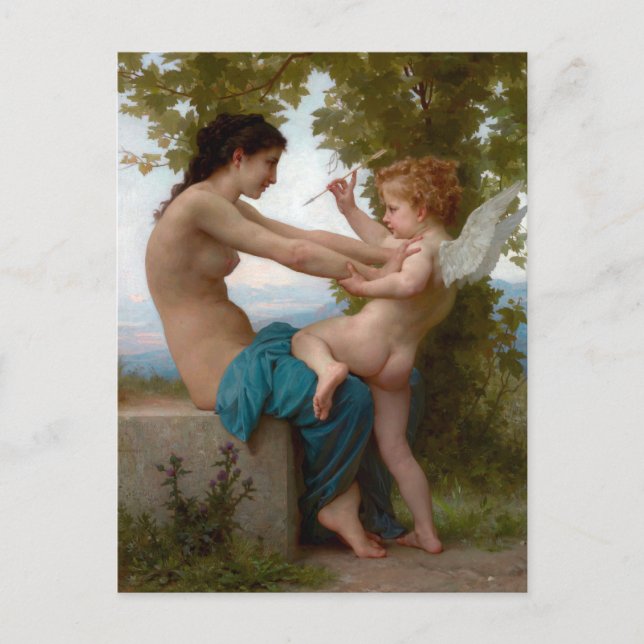 Young Girl Defending Against Eros by Bouguereau Postcard (Front)