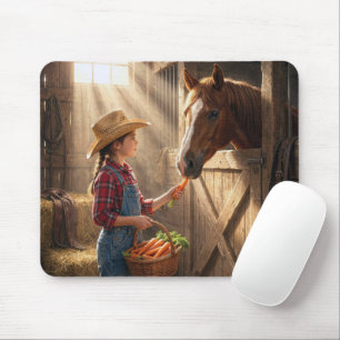 Young Girl Feeding a Horse Carrots Mouse Mat