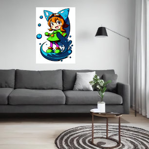 Young girl green clothes blue ribbon AI Art Poster