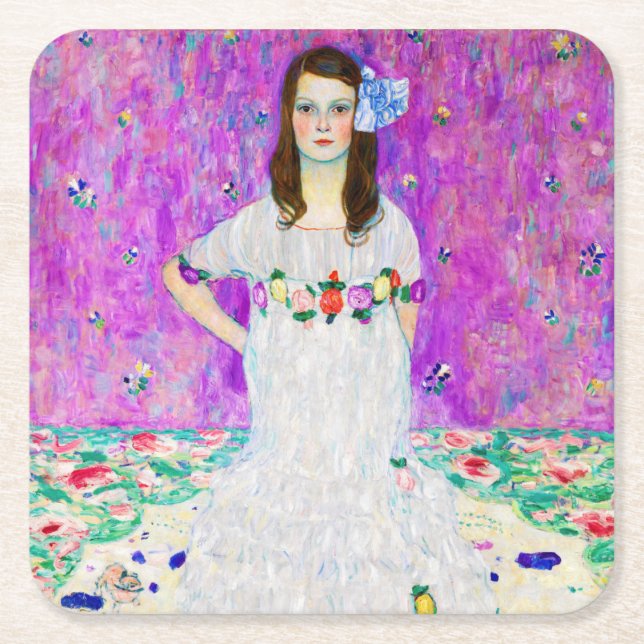 Young Girl, Gustav Klimt Square Paper Coaster (Front)
