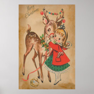 Young Girl Hugging a Deer Poster