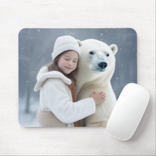 Young Girl Hugging a Polar Bear Mouse Mat