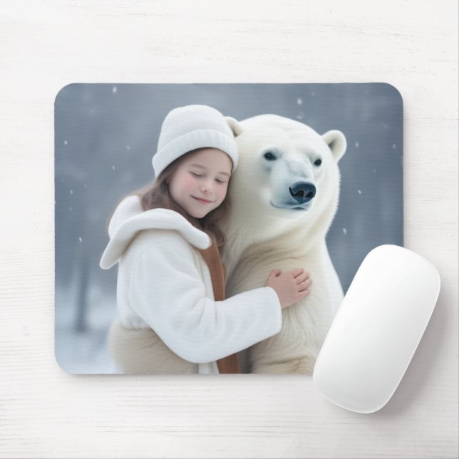 Young Girl Hugging a Polar Bear Mouse Mat (With Mouse)