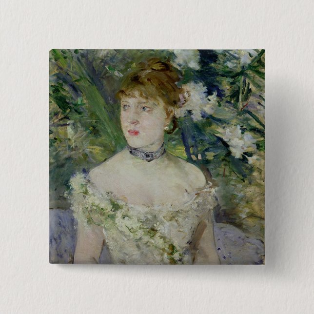 Young girl in a ball gown, 1879 15 cm square badge (Front)