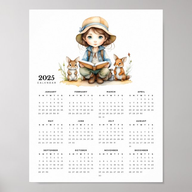 Young Girl in Hat Reading to Rabbits 2025 Calendar Poster (Front)
