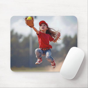 Young Girl Jumping To Catch a Softball Mouse Mat