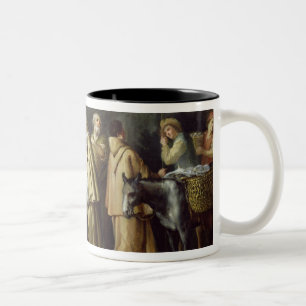 Young Girl Offering Eggs to a Group of Monks Two-Tone Coffee Mug