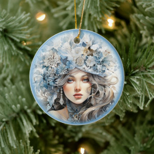 Young Girl Old Fashioned Portrait Floral Hat Ceramic Tree Decoration