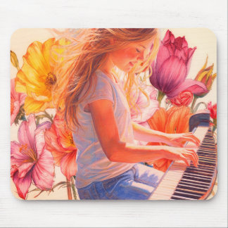Young Girl Playing the Piano In a Flower Garden Mouse Mat