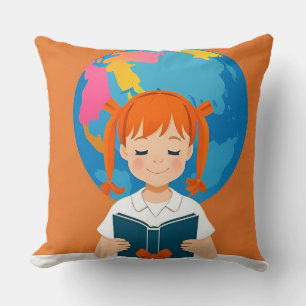 Young Girl Reading a Book with a Vibrant Globe Cushion