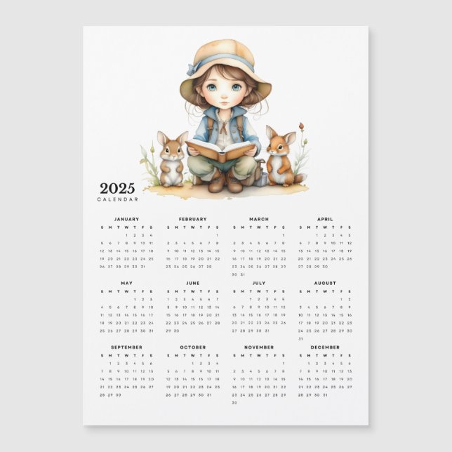 Young Girl Reading to Rabbits 2025 Magnet Calendar (Front)