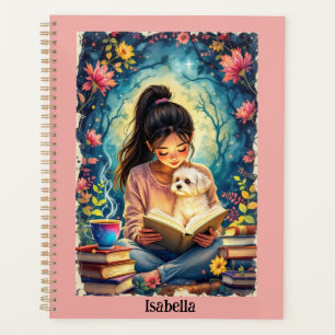 Young Girl Reading with Her Dog Add Name & Text  Planner