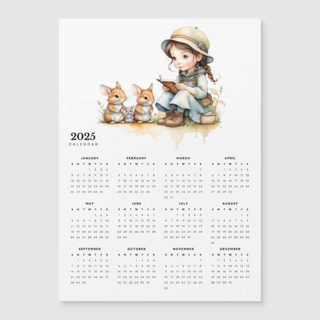 Young Girl Reads Book Rabbits 2025 Magnet Calendar (Front)