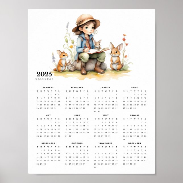 Young Girl Reads to a Rabbit Family 2025 Calendar Poster (Front)