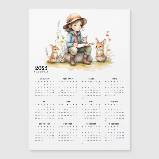 Young Girl Reads to Rabbits 2025 Magnetic Calendar (Front)