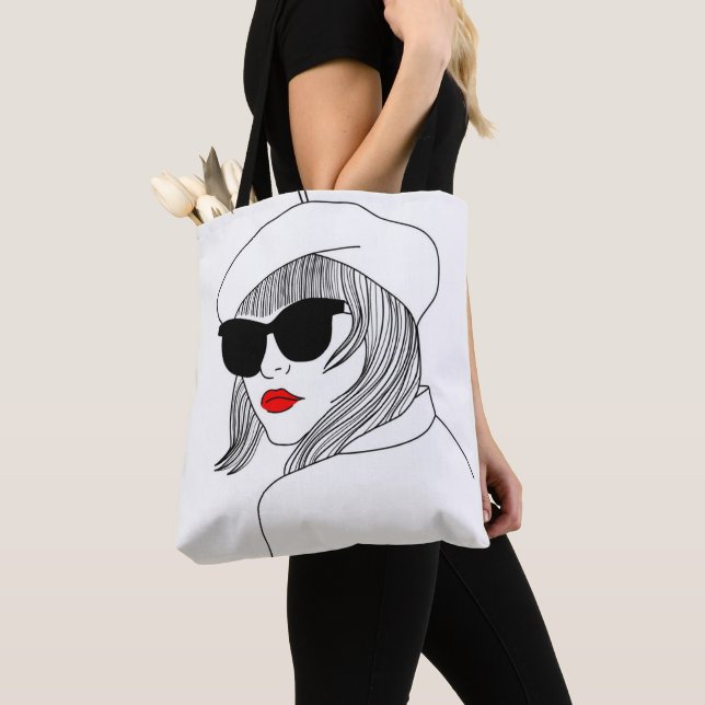 Young Girl Red Lips Sunglasses French Hat Tote Bag (Close Up)