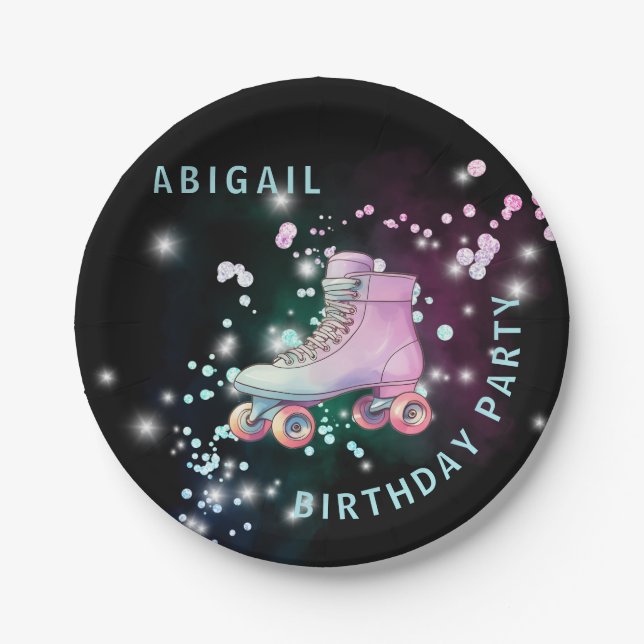 Young Girl Roller Skating Black Birthday Party Paper Plate (Front)