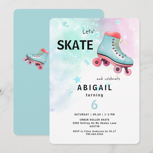 Young Girl Roller Skating Turquoise Birthday Party Invitation (Front/Back)