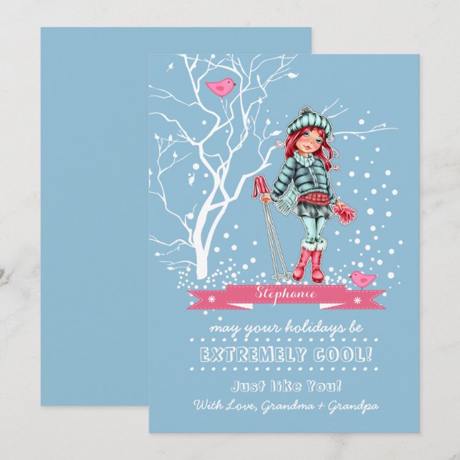 Young Girl Skier | Custom Name Christmas Cards (Front/Back)