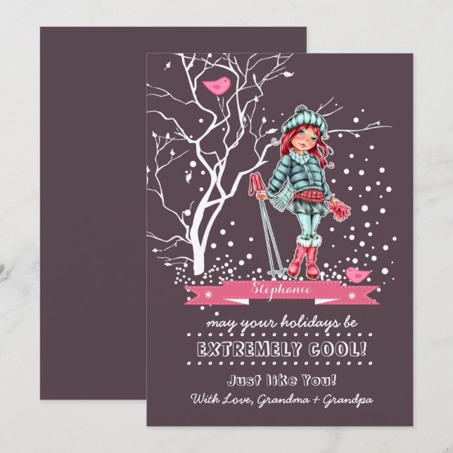 Young Girl Skier | Custom Name Christmas Cards (Front/Back)