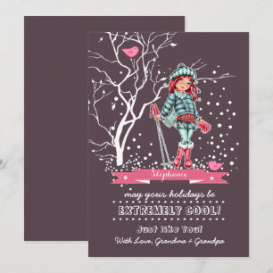 Young Girl Skier   Custom Name Christmas Cards