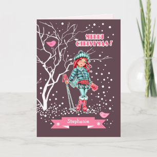Young Girl Skier   Custom Name Christmas  Holiday Card