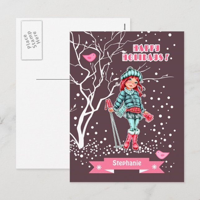 Young Girl Skier | Custom Name Christmas Holiday Postcard (Front/Back)
